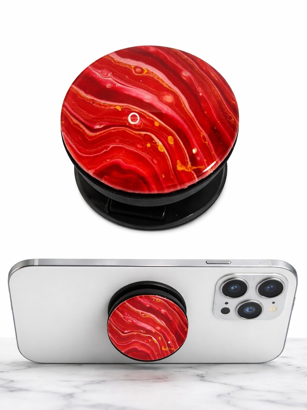 OOAK Phone Grip/Stand Handmade Abstract Art Red Marble Swirl Ethereal Glass